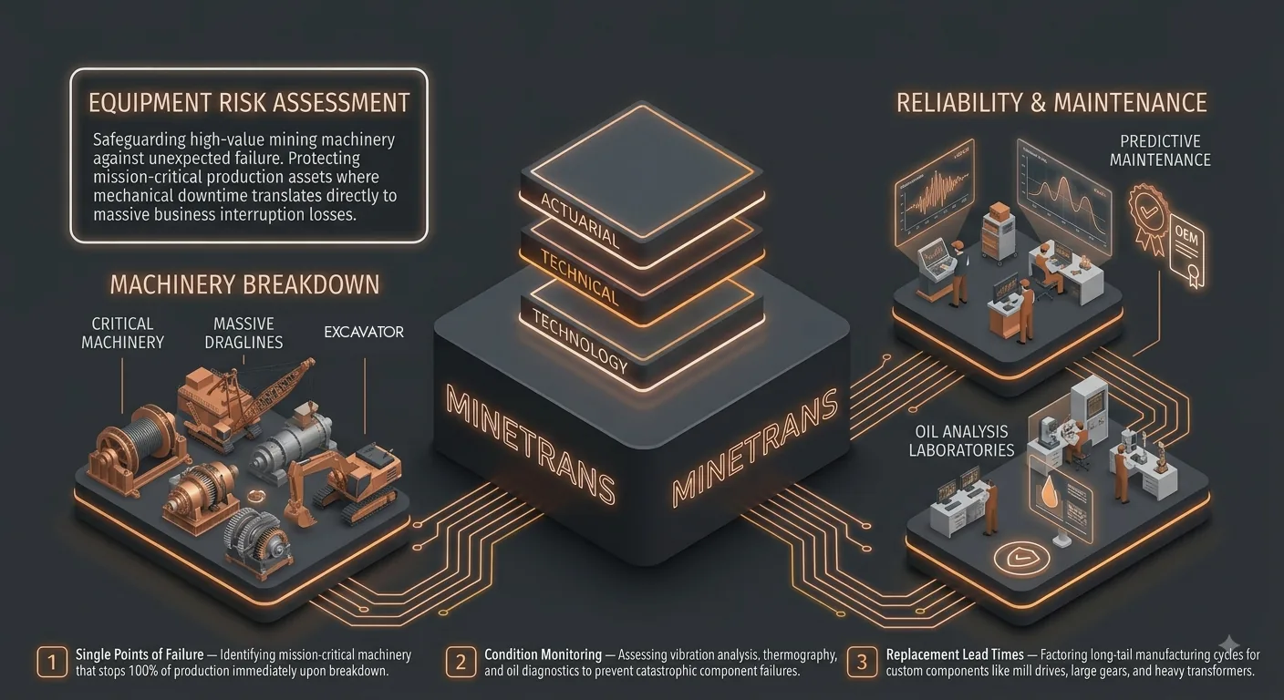 Machinery risk diagram: equipment breakdown risk run through actuarial, technical and technology layers into reliability & maintenance
