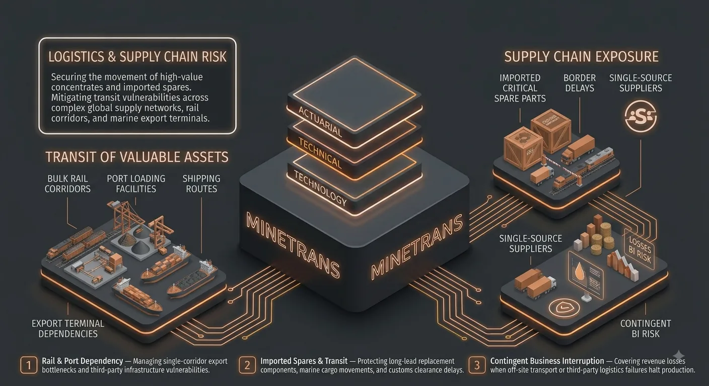 Logistics & supply chain risk diagram: transit of valuable assets run through actuarial, technical and technology layers into supply chain exposure